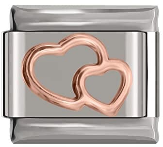 Italian Charms Rose Gold Letter A-Z Charm Link fits all 9mm Bracelet - UK stock (Rose Double Heart)