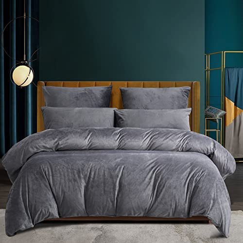 Luofanfei Plüsch Bettwäsche 220x240 Set Winter Flauschig Graue Uni Bettbezug Set Fleece Flanell Winterbettwäsche Warme Microfaser Grau Bettwäscheset und Kopfkissenbezüge 80x80 cm mit Reißverschluss