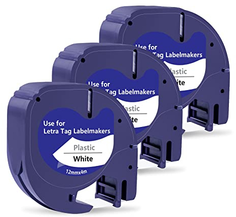 3 x TITBIT Etikettenband, kompatibel mit DYMO LetraTag 12 mm x 4 m,Kompatibel mit Dymo Etikettenband Kunststoff,Schwarz auf Weiß, Wasserfeste 91201 für Dynamo Letra Tag LT-100H LT-100T XR