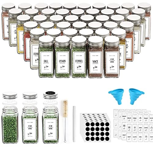 Rongbaor 48 Pack Spice Jars with Shaker Lids Glass Spice Jars with 120 Labels Seasoning Jars with Airtight Spice Bottles Set Spice Containers Jars with 45pcs Lids, 1 Pen, 1 Hose Brush and Funnels