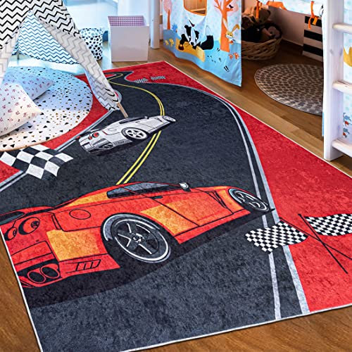Mazovia Kinderzimmerteppich Antirutsch - Waschbar bis 30 Grad - Spielteppich Rennauto Auto - Kurzflor Kinderteppich für Kinderzimmer - ÖKO-TEX - Teppiche Junge Rot Schwarz 120 x 170 cm