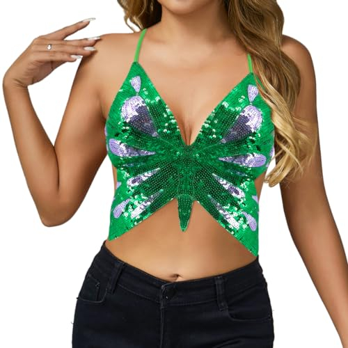 Naimo Canottiera da donna con paillettes a forma di farfalla, con supporto sexy, per danza del ventre, Verde/Lilla, Taglia unica