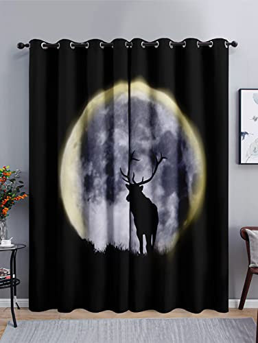 Verdunklungsvorhänge Mond Elch Tier Scheibengardinen Weich Vorhänge Wohnzimmer Vorhänge Schlafzimmer Vorhang Blickdicht Vorhang Schallschutz Scheibengardine Gardine 2x75x166cm