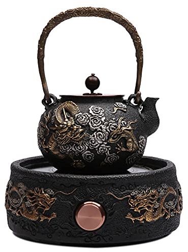 Handmade Cast Iron Teapot Set No Coated Pig Iron Pot Japanese Lacy Kettle Kung Fu Teapot Set-Gold Set (Cast Iron Furnace Set)