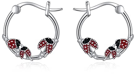 POPLYKE Rote Marienkäfer Reifen Ohrringe 925 Sterling Silber Marienkäfer Creolen Ohrringe Schmuck Geburtstags Geschenke Für Frauen