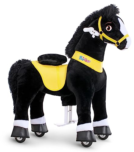 PonyCycle Reitpferd auf Rollen, für Kinder 4–7 Jahre, 90cm Hoch, Spielpferd zum Reiten mit Handbremse, Reittier auf Rollen, Schwarzes Reitpony mit Rollen, Basis Modell E - E438