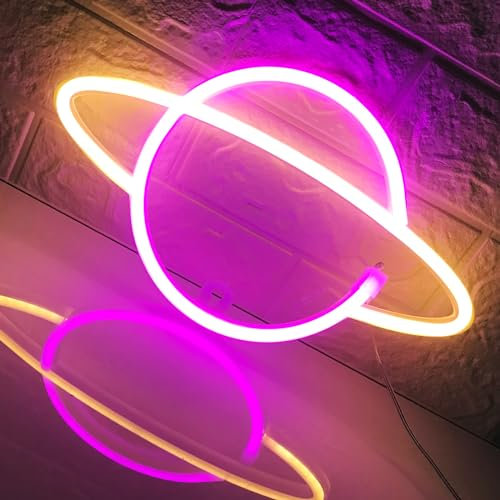 Planet Neon Zeichen für USB/Batterie angetriebene LED Zeichen Schlafzimmer Neon Zeichen Wand Dekoration Licht Geburtstag Hochzeit Weihnachten Party Schlafzimmer Dekoration, Rosa+Gelb