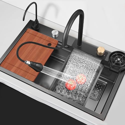 Fregadero De Cocina Negro Fregadero De Acero Inoxidable Con Dispensador De Jabón Grifo En Cascada Seno Grande Accesorios Completos, 85x45x22cm