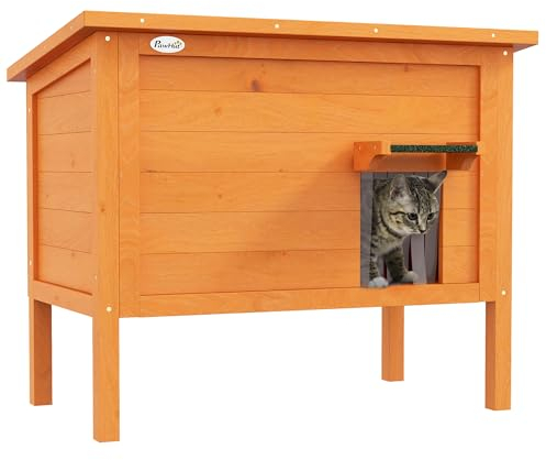 PawHut Katzenhaus aus Holz Winterfest wasserdicht Katzenhütte mit Asphaltdach Boden Füße Katzenhöhle Katzenkiste Outdoor Schutzhütte für Draußen Garten Balkon 85 x 50 x 68,5 cm Orange