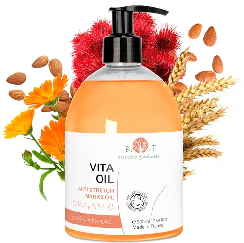 Vita Oil Anti Vergetures : Vergetures de Grossesse, Huile Raffermissante Corporelle, Combat le Relâchement Cutané à 87%, Améliore l'Apparence de la Peau (Amandes, Vitamines A & E) - 500 ml