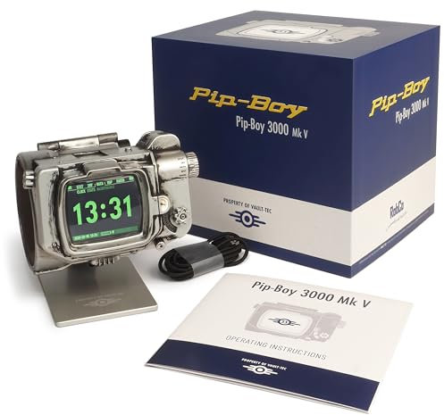 Fallout Pip-Boy: brazalete de espuma viscoelástica fundido a presión de tamaño real para cosplay, cuenta con pantalla LCD con 45 animaciones, radio FM, reloj despertador y soporte, regalo oficial