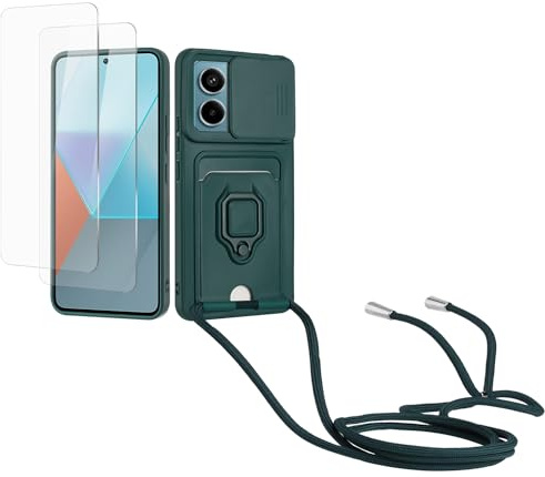 Kaslly Cordon de Coque Compatible avec Redmi Note 13 Pro 5G+[2 Pièces Verre Trempé],Couvercle Coulissant de la Caméra+Support Annulaire à 360 Degrés,Fentes pour Cartes Silicone Case-Vert foncé