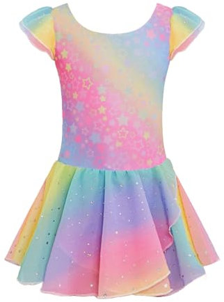 Arshiner Kinder Ballettkleidung Ballettkleid Mädchen Kurzarm Baumwolle Balletttrikot Ballettanzug Tanzkleid Tanzbody mit Rock Tütü ARegenbogen 150