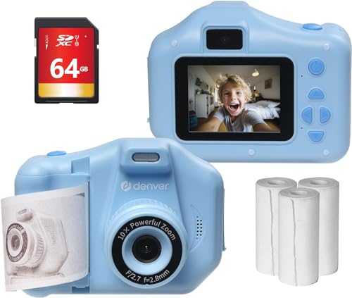 Denver Kids Sofortdruckkamera mit 150 Fotopapier & 64GB SD-Karte - Wiederaufladbar, 10X Zoom Foto, 1440P HD Video Digitalkamera für Kinder mit 4 Spielen, Selfie Objektiv & Foto Cartoon Rahmen - Blau