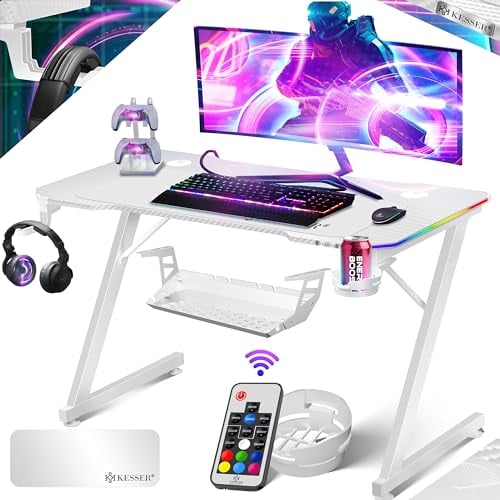 KESSER® Gaming Tisch LED 100cm x 60cm | Z-Form Gamer Schreibtisch | Kopfhörerhaken & Kohlebeschichtung | Ergonomischer PC Computertisch | Stabiler Tisch mit Getränkehalter Weiß