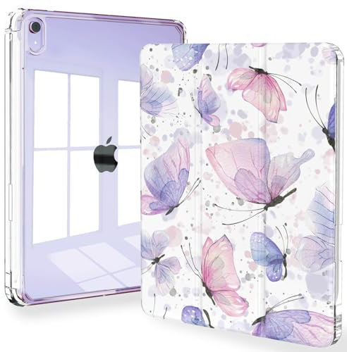 Feams Case for iPad mini 6th Generation Case, Slim Lightweight Trifold iPad mini 6 Case 8.3 Inch 2021 Clear Back Cover with Pencil Holder & Auto Sleep/Wake for iPad mini 6, Purple Butterflies