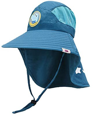 Baby Schirmmütze Musselin mit Nackenschutz und Bindeband für Jungen - Cartoon Soild Baby Mütze Sonnenkappe aus Baumwolle Outdoor Strand Verstellbare Schutz Eimer Mütze