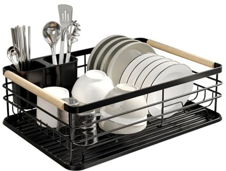 Warmiehomy Black Dish Drainer Rack Metal Draining Board Rack Dish Rack with Removable Drip Tray, Sink Drainer Rack for Kitchen with Removable Cutlery Holder Wooden Handles, Black