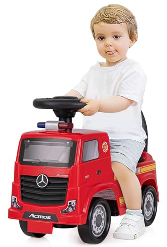 COSTWAY Mercedes-Benz Camion de Pompier Porteur Enfant avec Voyant d'Alarme, Voiture à Pousser Bébé avec Musique & Klaxon, Volant & Espace Caché, Charge 23kg pour Enfants de 2-6 Ans