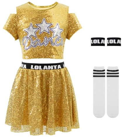 LOLANTA Tanzoutfits mit Pailletten für Mädchen, glitzernde Jazz Hip Hop Tanzkleidung, bauchfreie Oberteile mit Rock, Gold, 8-9 Jahre, 140