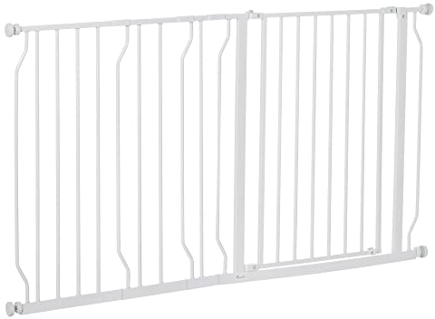 PawHut Türschutzgitter Treppenschutzgitter mit 10/20 cm Verlängerung Türgitter ohne Bohren Treppengitter für Breiten 75-145 cm Beidseitig Schwenkbar Stahl Weiß