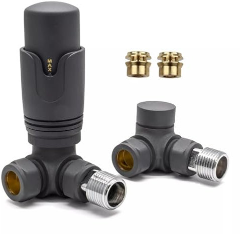 Team Controls Anthracite Grey Corner TRV Thermostatic Radiator Valve & Lockshield 10mm Pack Set Pair- inc 2no. 10mm Inset Reducer