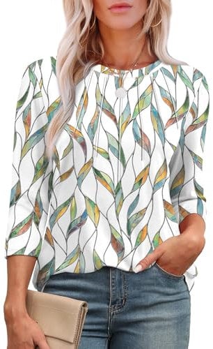 Aokosor Womens 3/4 Sleeve Tops Ladies Blouses Crew Neck Pleated Shirts Fashion Dressy Tunic Blouses Size 10-12 Colorful Leaf