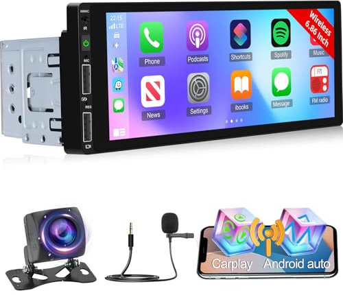 Autoradio 1 Din con Wireless Carplay e Android Auto - Radio Touchscreen da 6,86 Pollici con EQ, Mirror Link, Bluetooth, Radio FM, SWC, Doppio Ingresso USB + Telecamera di Backup AHD