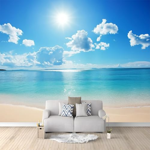 Fototapete Natur Strand Mit Blauem Himmel wandbild 400 x 280 cm Vliestapete für Wohnzimmer Schlafzimmer Büro Wandtapete Hellblau panorama-tapetenwandbild Wand tapete dekoration