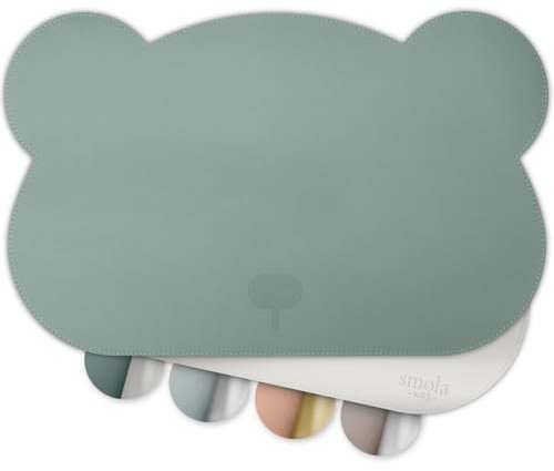 smøla Platzset für Kinder - Bär I Abwaschbares Tischset aus BPA-freiem PU-Leder I Platzdeckchen Tischunterlage für Kleinkinder & Babys I 2-Farbig (Ozean-Grün/Grau)