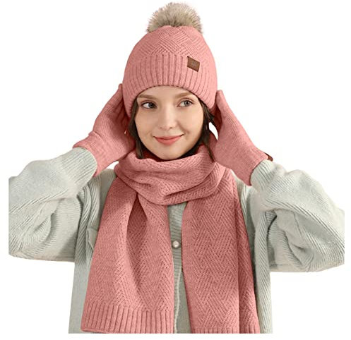 Mütze Und Handschuhe Damen Flauschig Pudelmütze Mit Bommel Kaschmir Beanie Mütze Fleece Handschuh-Sets Fleece Gefüttert Tuch Plüsch Gefüttert Caps Gloves Kuschelig Winterschal 3 In 1 Warmes Set