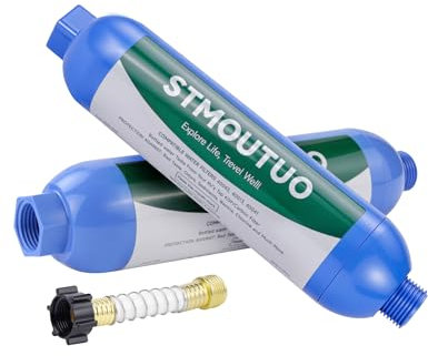 STMOUTUO RV Water Filter with Flexible Hose Protector - Greatly Reduces Bad Taste, Chlorine, Odor, Rust & Sediment - Inline Water Hose Filter for RV Camper, Boat, Garden & Pool - 2 Pack