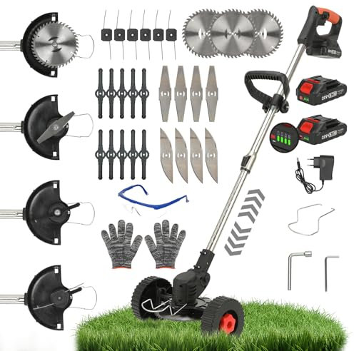Desbrozadora Electrica,24V Desbrozadora Bateria,Cortabordes Bateria 3 En 1,con 2 Baterías 2000mAh Y Ruedas Auxiliar,Ajustable y MangoTelescópic, Cabezal Pivotante 90°, para Recortar Césped y Arbustos