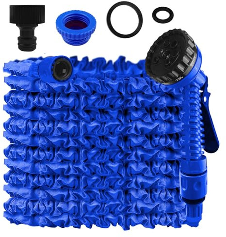Bosmsaslad 30m Tubo Estensibile da Giardino, Tubo per Irrigazione con 7 Modalità di Spruzzo Funzioni, Manichetta per Irrigazione con Pistola Acqua Per Lavaggio Auto, Giardino, Prato (Blu)