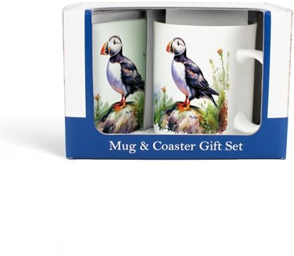 Purely Home Puffins Mug & Coaster Gift Set - Coastal Bone China Mug and Glass Coaster Set - Tea/Coffee Present for Bird Watchers