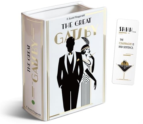 H&H The Great Gatsby Book Vase for Flowers + Bookmark + Gold - Medium Ceramic Book Planter Pot - Bookish Great Gatsby Decor - Book Lover Gifts - Art Deco - Roaring 20s Decor