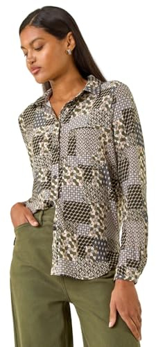 Roman Shirt for Women Ladies Cotton Blouse Button Through Tunic Printed Top Work Long Sleeve Smart Casual Going Out Work Office V Neck Everyday Evening Event - Grey Patchwork - Size 14