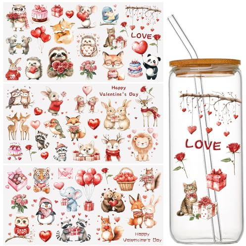 WANDIC 3Sheets Rub On Transfers for Crafts, Valentine's Day Cartoon Animals UV DTF Cup Wrap Waterproof Cold Transfers Stickers for Tumblers Mirrors