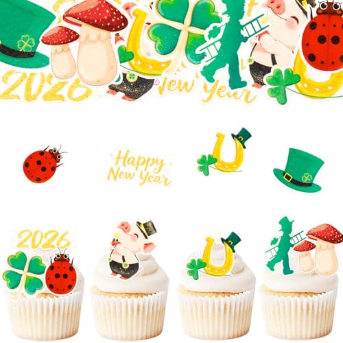 ENLACE Esspapier Tortendeko Silvester Deko 2026,48 Stück Cupcake Topper Happy New Year 2026,Glücksschweinchen Muffin Deko Essbar,Glücksklee,Wasserkastanie,Pilz Kuchendeko Weihnachten Silvester Neujahr