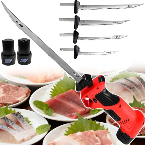 ErShangMao Couteau À Fileter Électrique sans Fil 2026 avec 4 Lames - Tranchant Durable Grâce À Son Système De Coupe Alternatif pour Filets De Poisson Et Viande, 2 Batteries De 2000 Mah