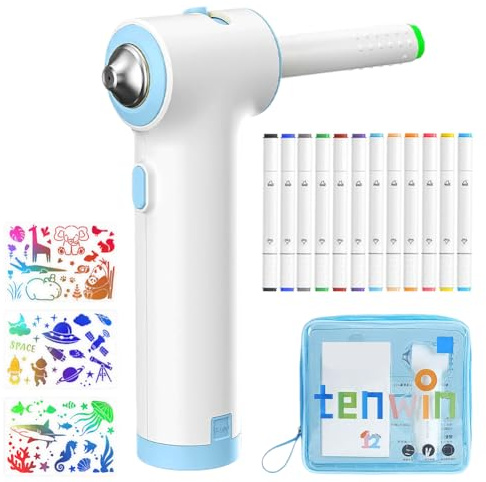 LOMUG Airbrush Marker Set, Airbrush Textil Set mit 12 Abwaschbare Doppelspitzen Textilmarker, 3 Schablonen und 1 Sportbeutel für Kinder, Malen Graffiti Kunstmalerei DIY-Handwerk (Blau)