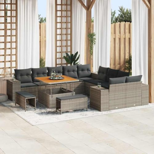 Yunovire Gartensofa-Set 13-teilig Grau Poly-Rattan, Modulares Outdoor Lounge Möbel mit Kissen, Höhenverstellbarer Tisch für Terrasse, Balkon, Garten