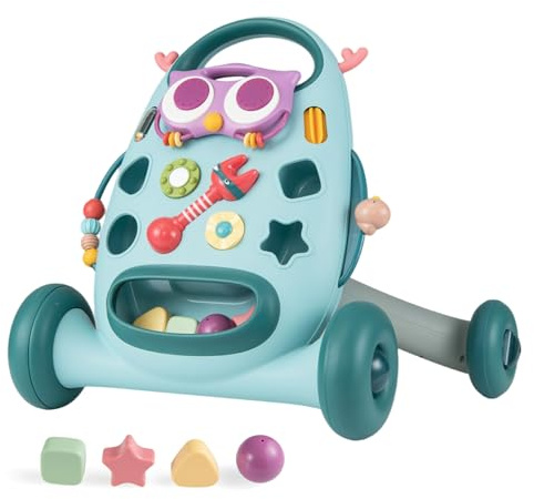 COSTWAY Lauflernwagen Baby, Lauflernhilfe mitovalem Spieler & Formen-Sortierer, Laufhilfe mit Rasseln, Perlen & gleitendem Vogel, Laufwagen für Kinder 10-36 Monate (Blau)