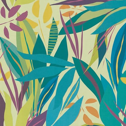 Profhome Blumen Tapete 782092-GU heißgeprägte Vliestapete grün violett türkis-blau orange-gelb 0,53 m x 10,05 m = 5,33 m2