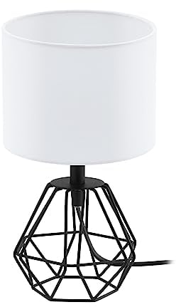 EGLO Nachttischlampe Carlton 2, Deko Tischlampe Vintage, Retro Lampe aus Metall und Stoff in Weiß und Schwarz, E14