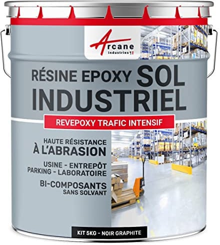 ARCANE INDUSTRIES Peinture Sol REVEPOXY TRAFIC INTENSIF : Résine Epoxy pour Sol Béton : Usine, Atelier Parking - 5 kg (jusqu'à 10 m² en 2 Couches) Noir Graphite - RAL 9011