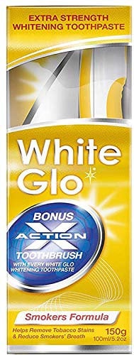 White Glo SMOKERS FORMULA Intense Extra Strength Whitening Toothpaste & Bonus Action Toothbrush-150G NEW