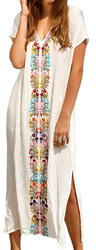 LikeJump Women's Embroidery Beach Maxi Dress Long Kimono Swim Suit Cover Ups Plus Size