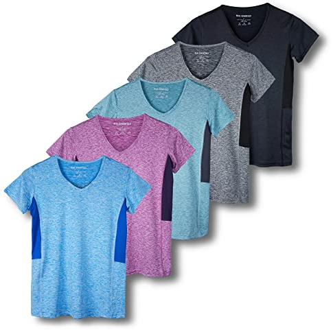 Real Essentials 5er-Pack: Damen Kurzarm V-Ausschnitt Activewear T-Shirt Dry-Fit Wicking Yoga Top (erhältlich in Plus), Set 4, Groß