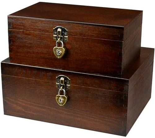 Holz-Aufbewahrungsboxen mit Schloss und Schlüsseln, handgefertigt, dekorativer Holz-Aufbewahrungskoffer, Schrank, Behälter, Scharnierdeckel, ländlich, rustikaler Stil, Kaffeefarbe, 2 Stück